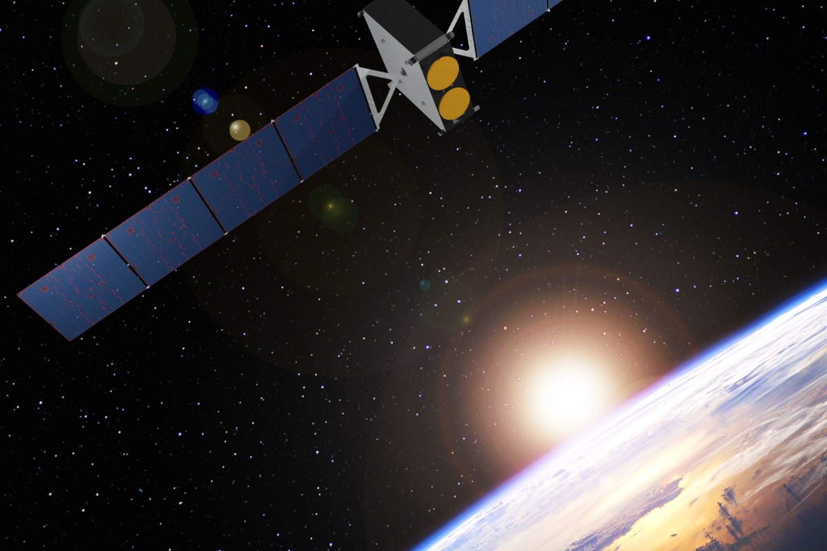 3d rendition of O3b mPOWER satellite above Earth