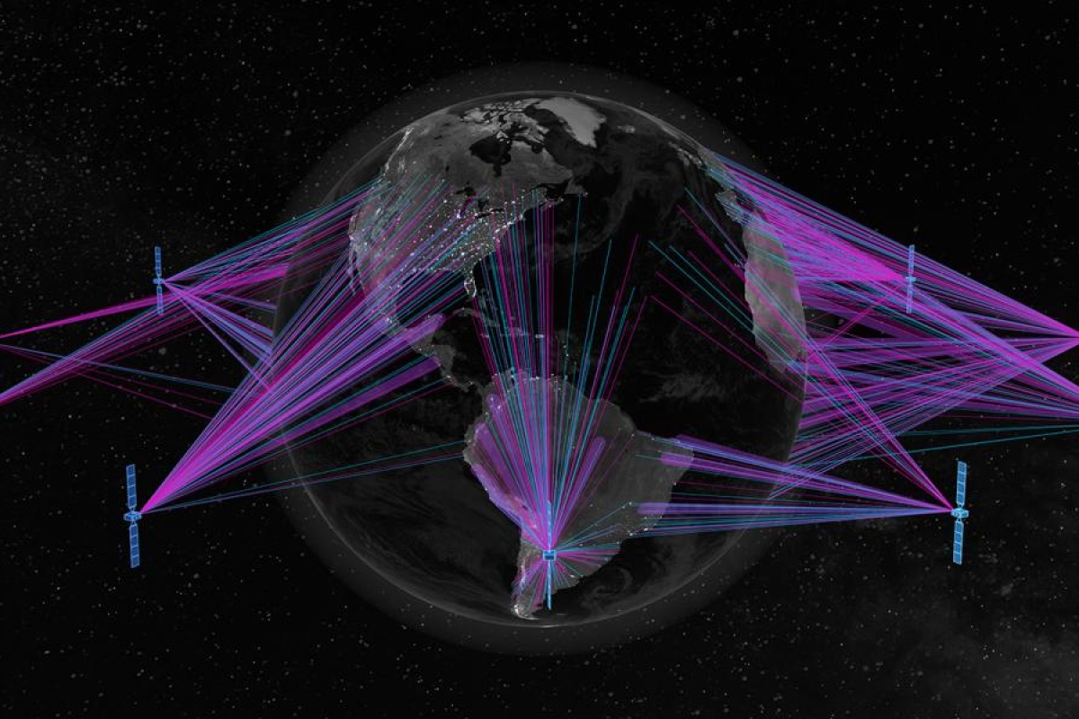 Image of satellites projecting purple and blue coverage beams onto earth.