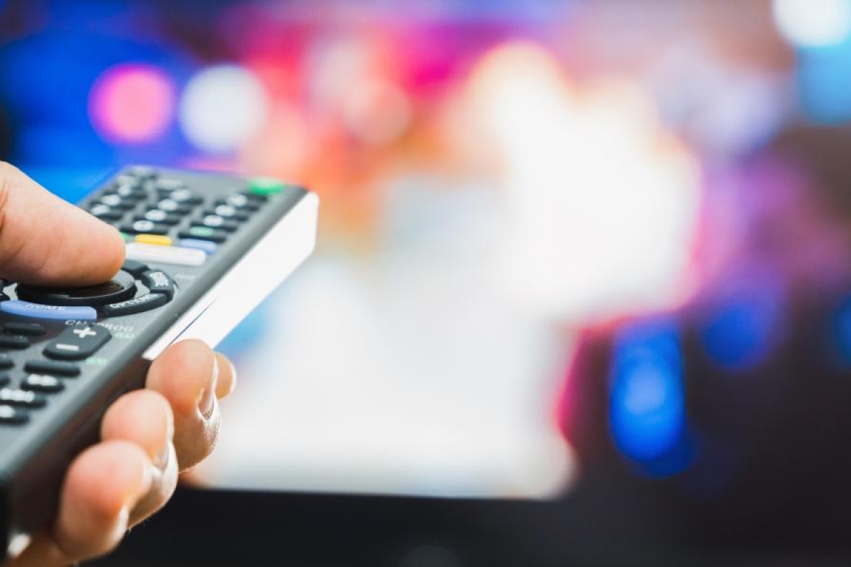 Image of a person's hand with a remote with television in the background.