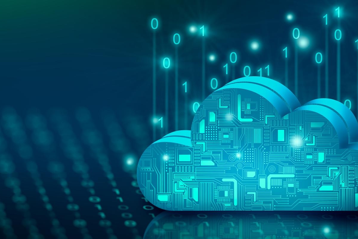Digital cloud graphic with circuit patterns and binary code.