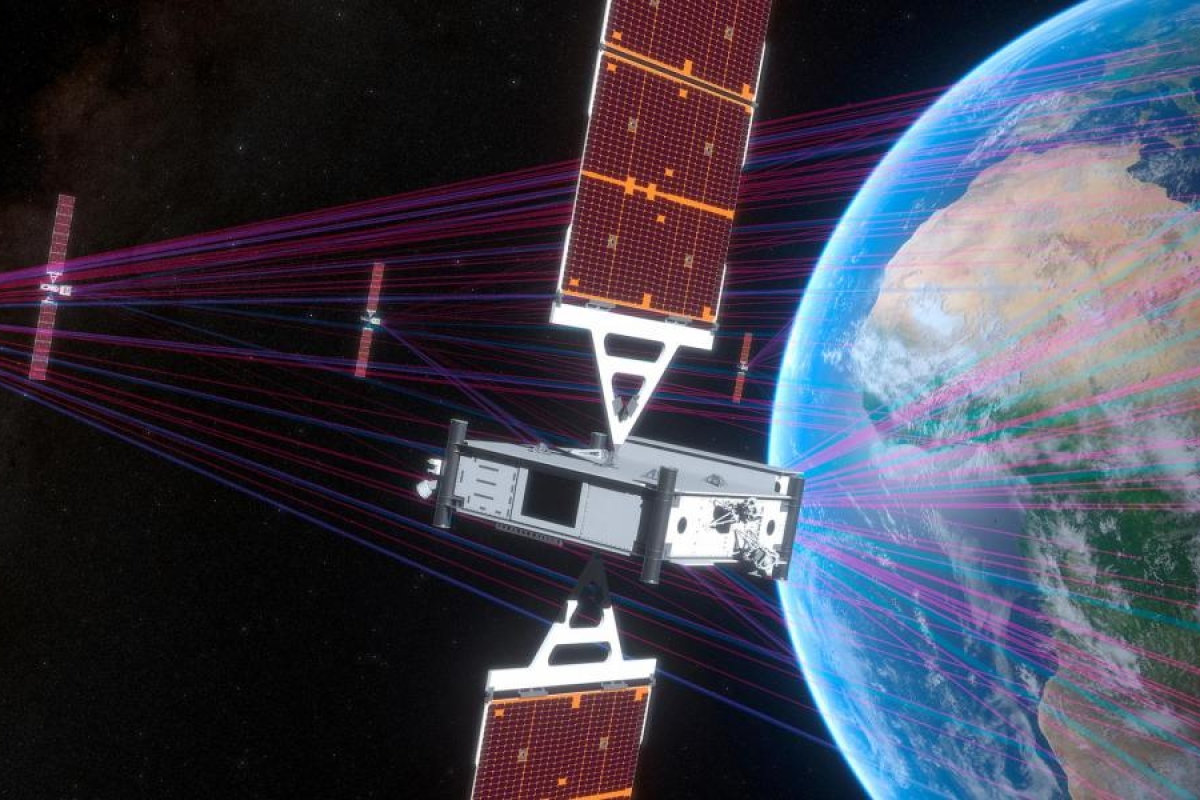 Image of two O3b mPOWER satellites beaming connectivity toward Earth.