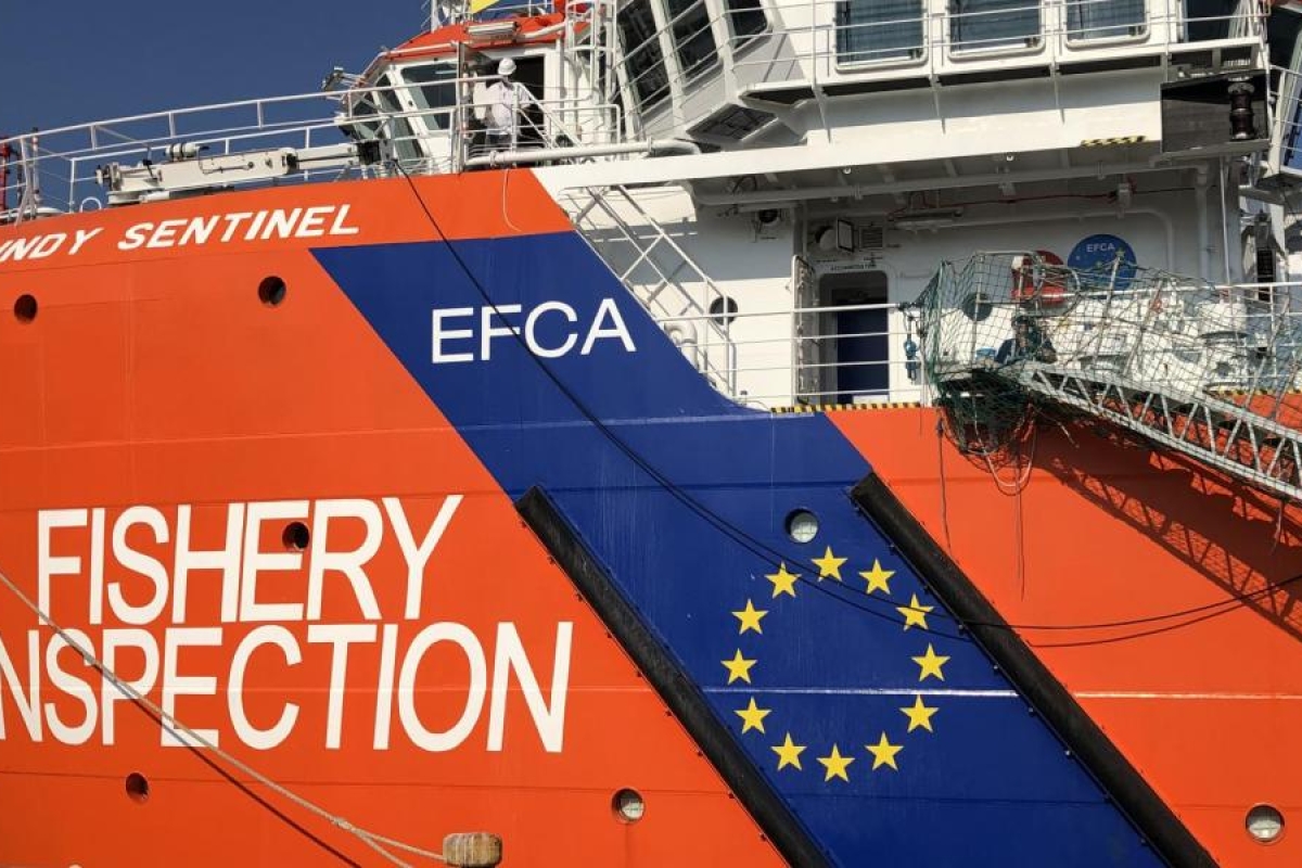 Image of EU Fishery Inspection vessel docked at port.