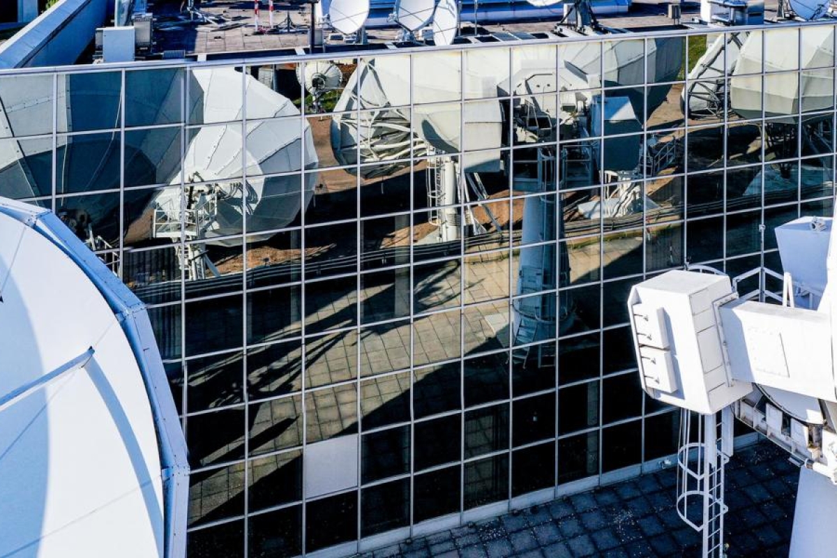 Closeup image of SES and Astra antenna dishes.