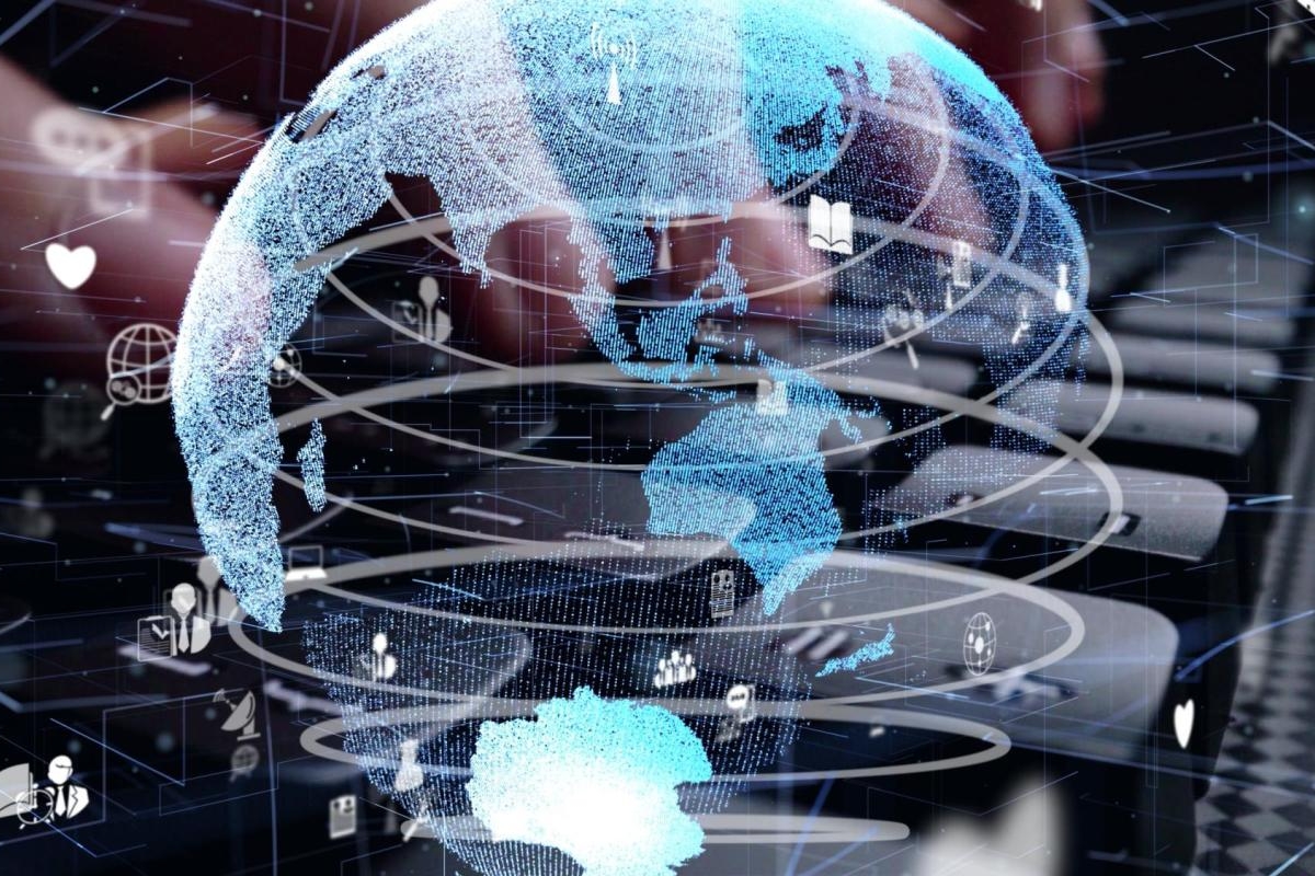 Image of a digital globe with floating data icons.