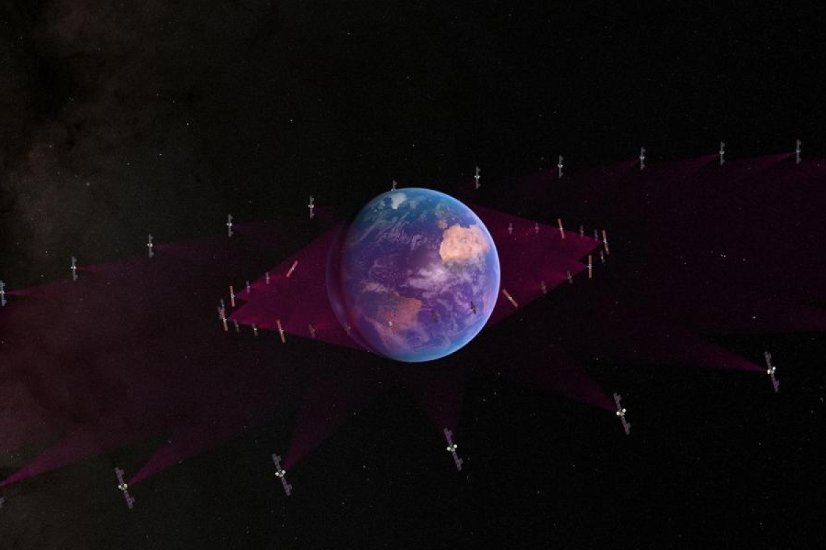 Image of earth surrounded by a wide ring of satellites forming coverage beams.