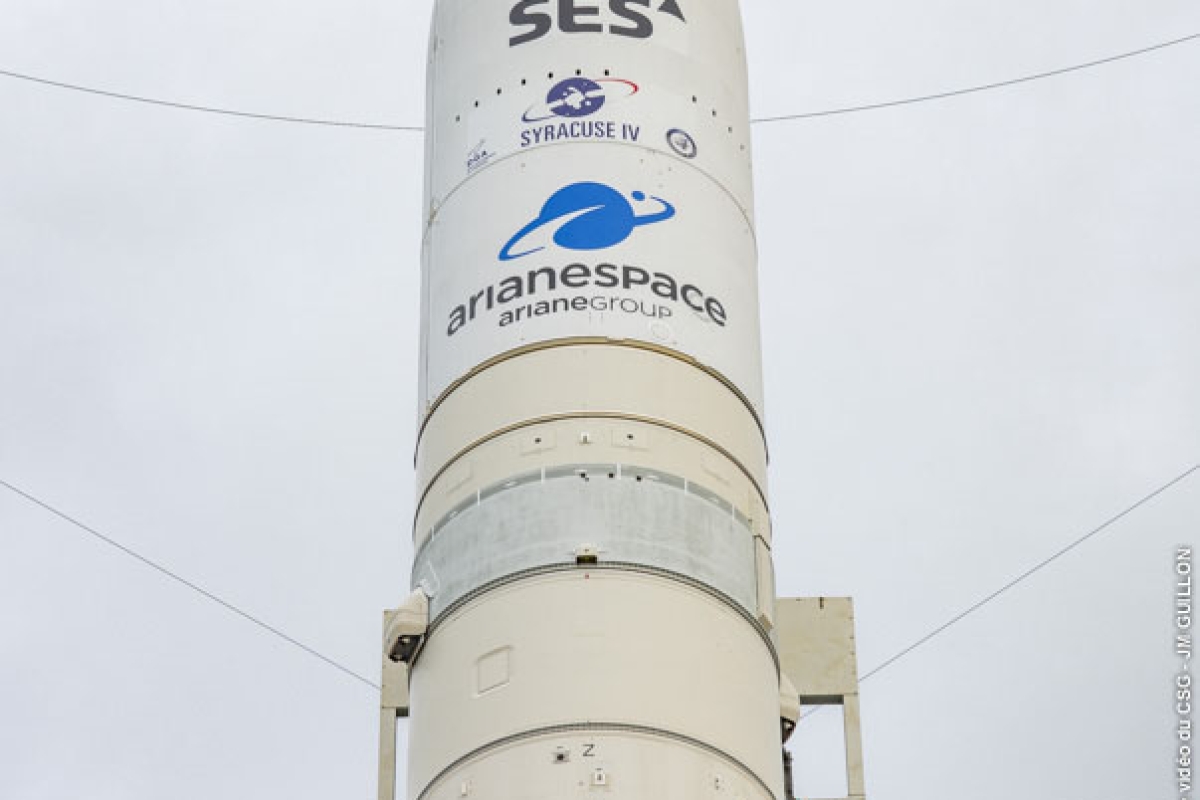 close-up SES - Arianespace rocket with SES-17 satellites on launchpad