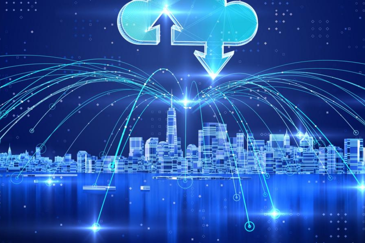 Image of a digital cityscape with cloud icons and glowing data lines across buildings