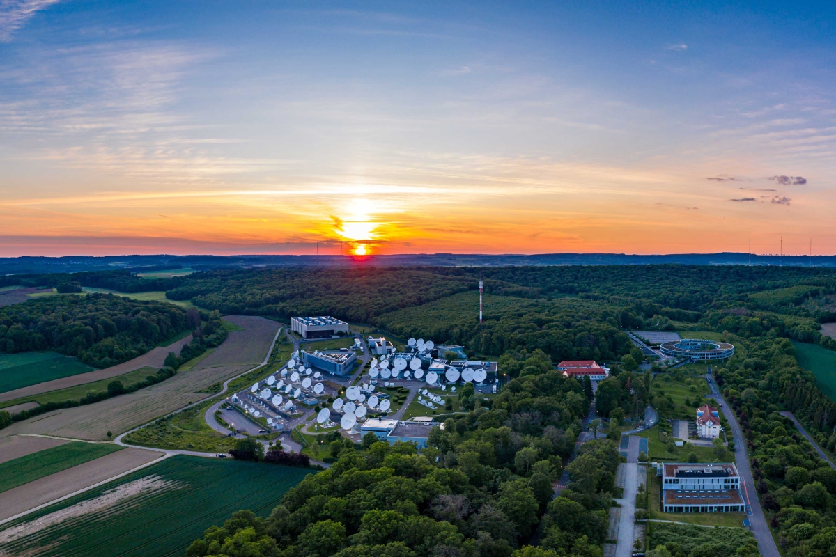 Sunset view of an antenna field in the countryside