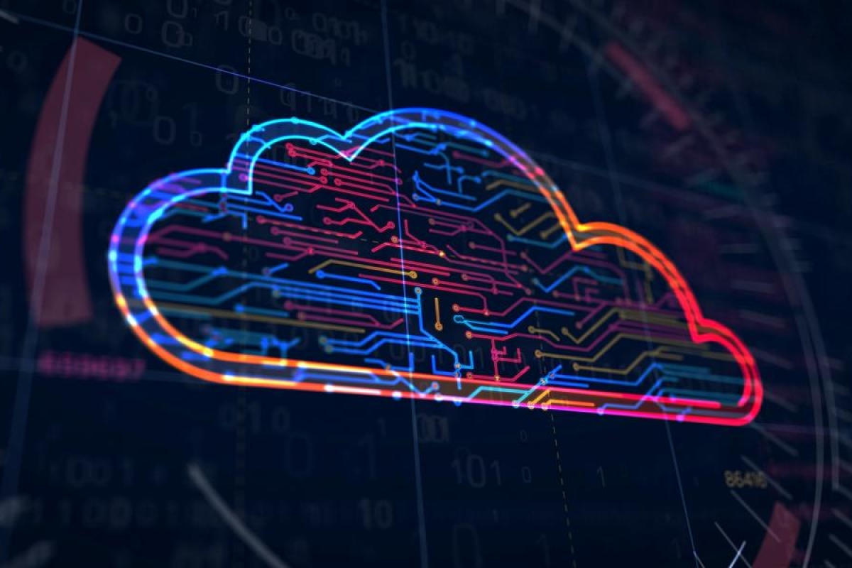 Colorful digital cloud icon on a tech background.