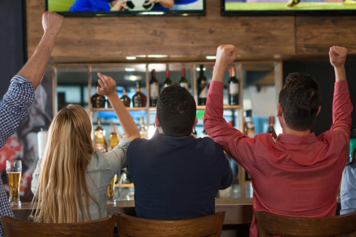 People in a bar celebrating while watching a match.