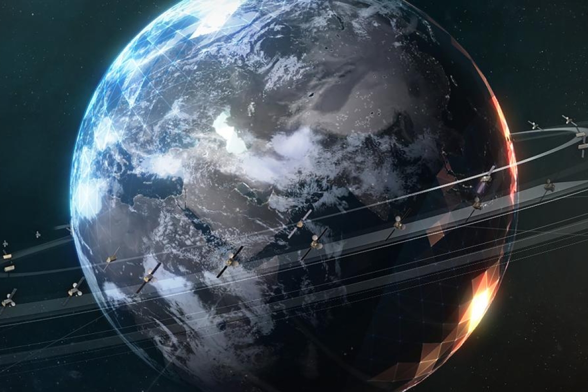 Image of earth in space surrounded by an orbital ring of satellites.