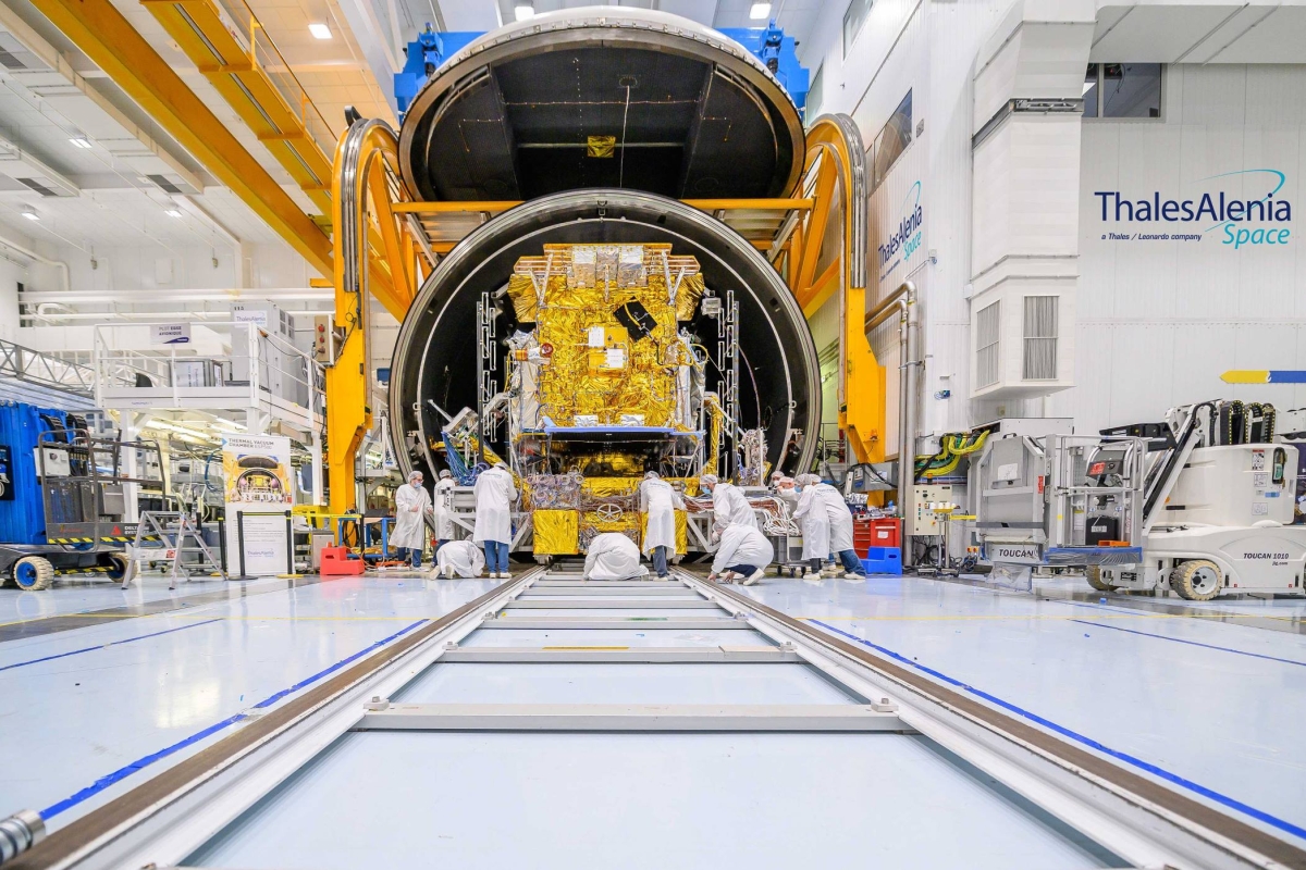 people in Thales facility - test satellite thermal vacuum entry