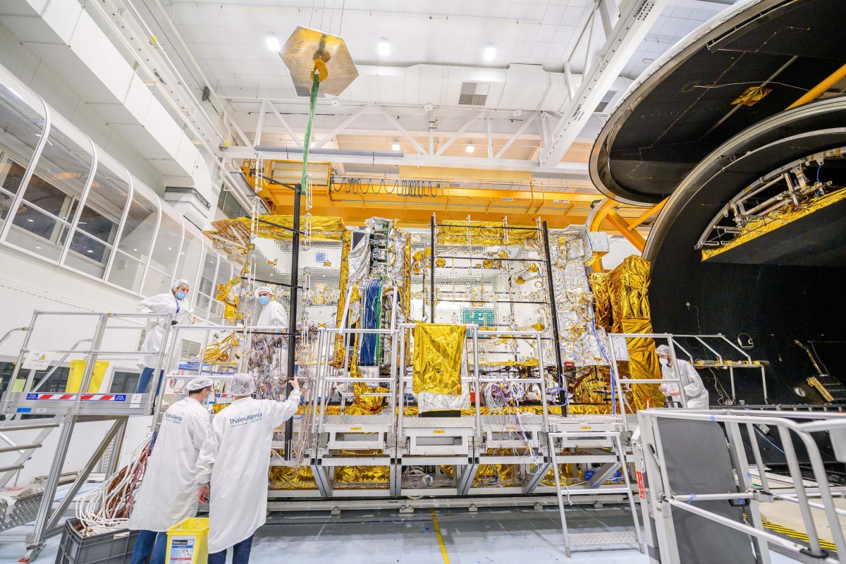 people in Thales facility - test satellite thermal vacuum entry
