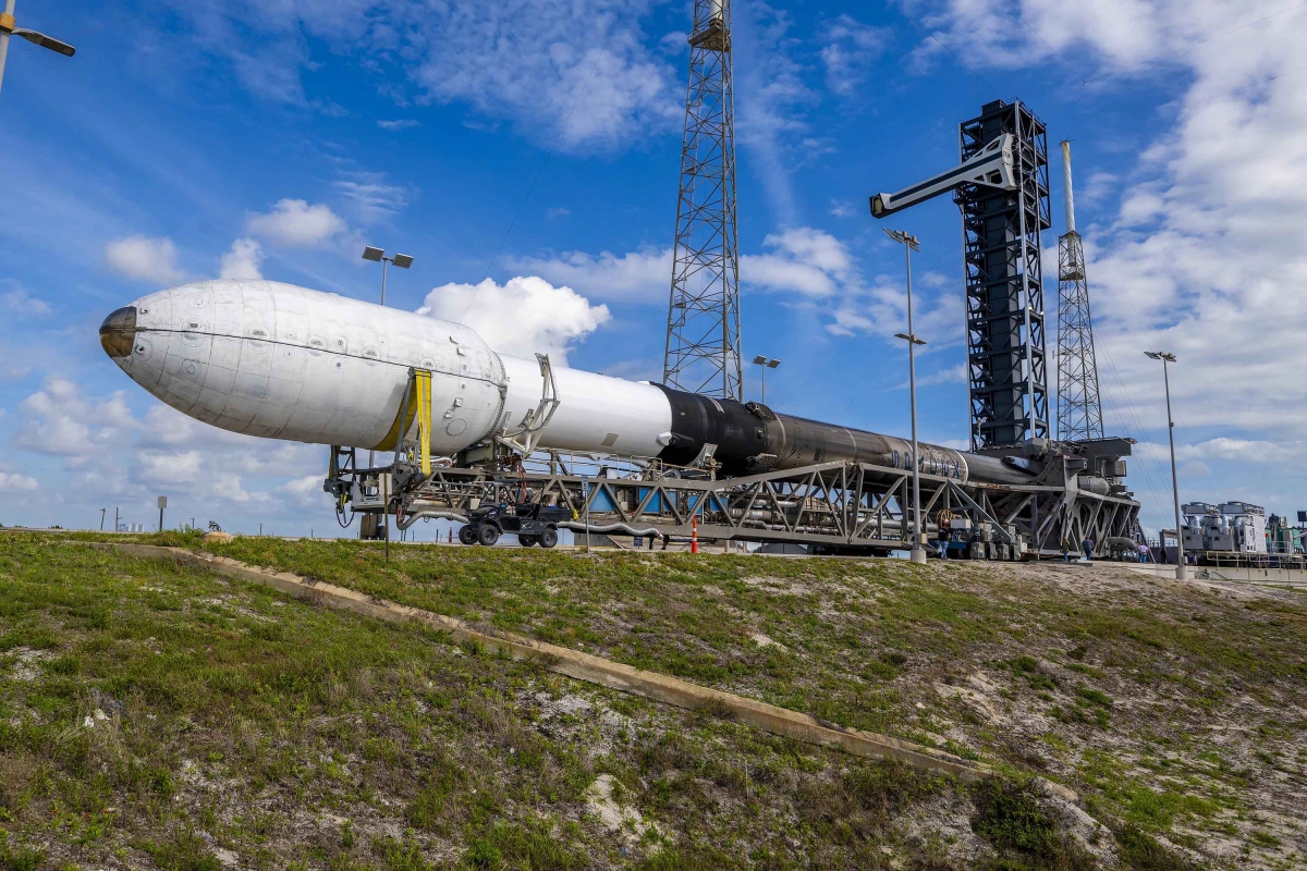 Rocket being transported horizontally to the launch pad.