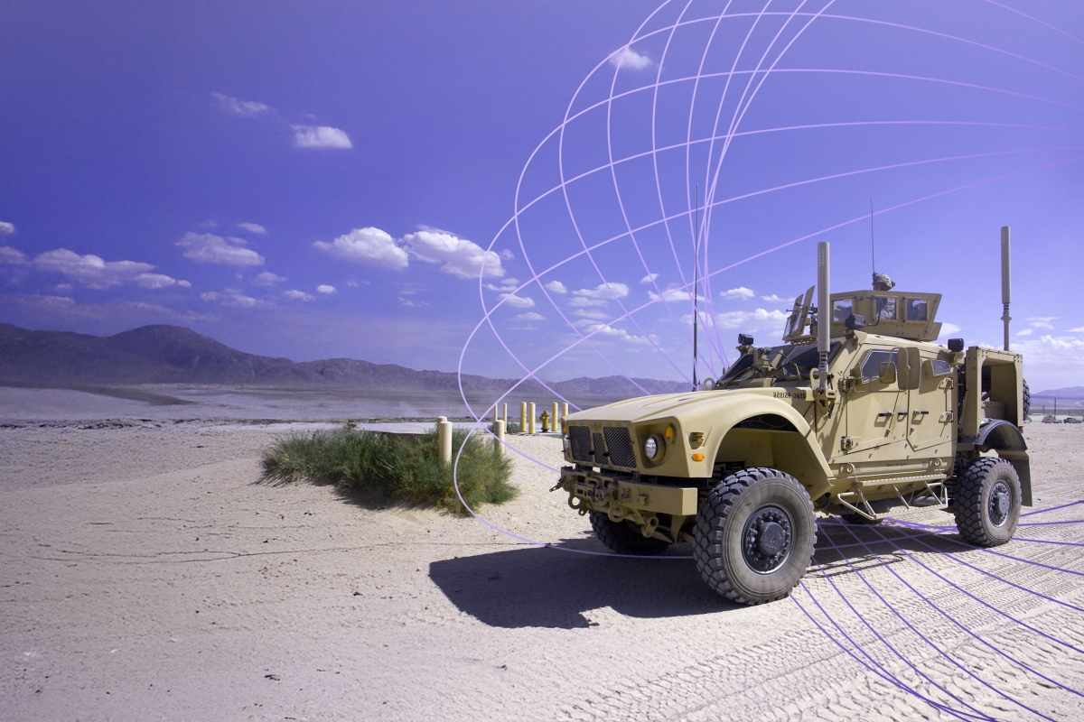 military vehicle equipped with satellite navigation equipment