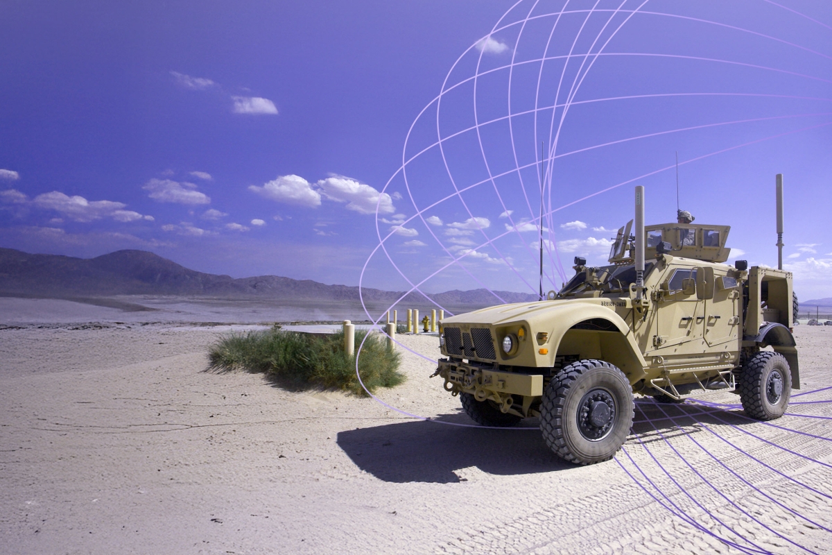 military vehicle equipped with satellite navigation equipment