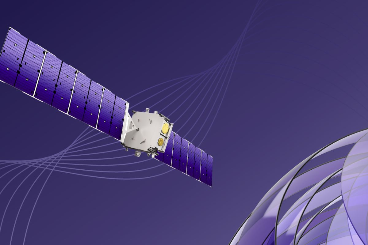 Banner image with satellite, and concentric circles with a purple background.