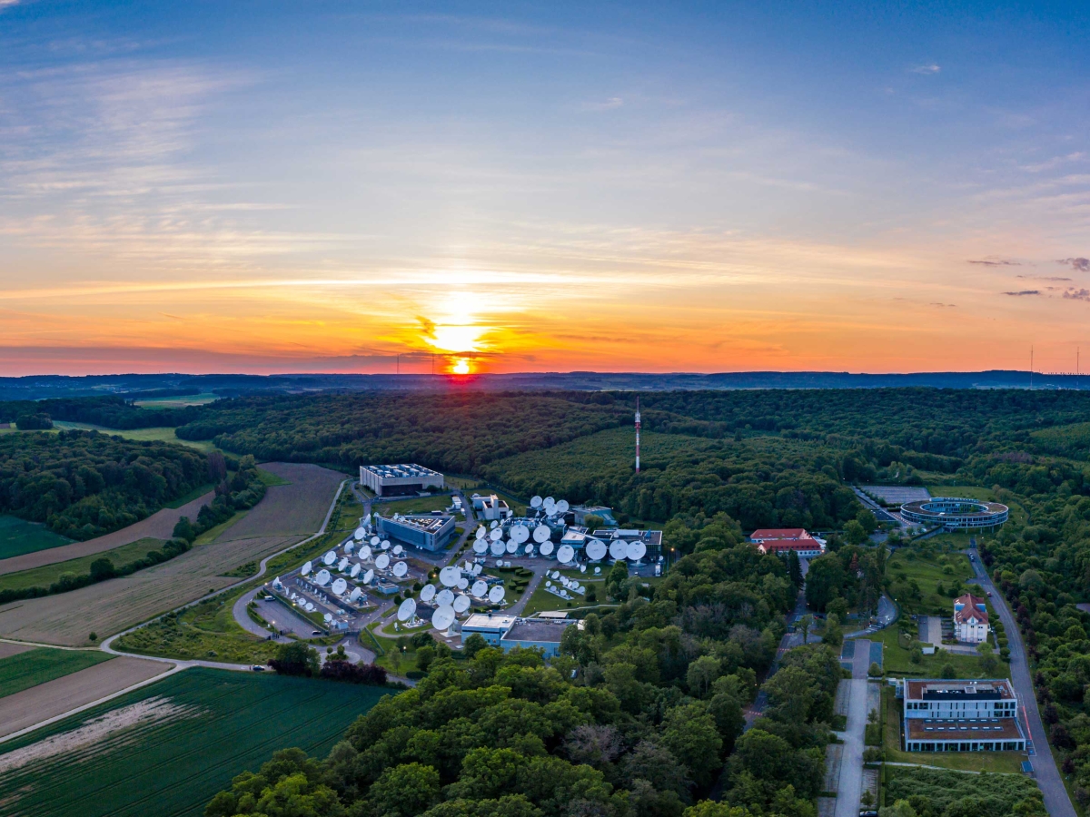 Sunset view of an antenna field in the countryside