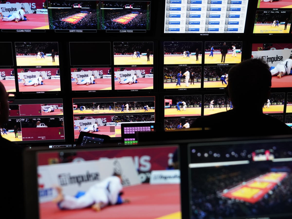 Image of a Broadcast control room monitoring multiple sports live feeds.