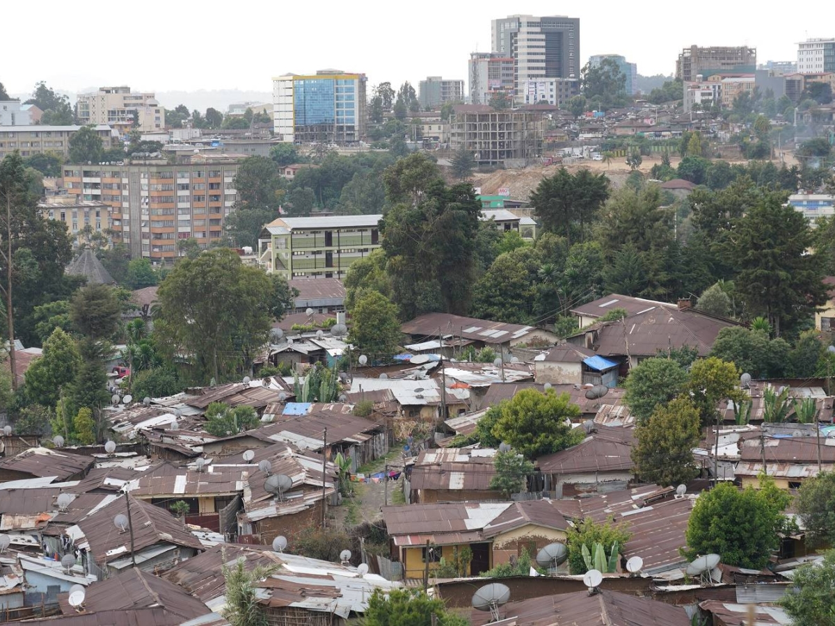 Aerial view of a dense neighborhood with homes, trees, and city buildings.