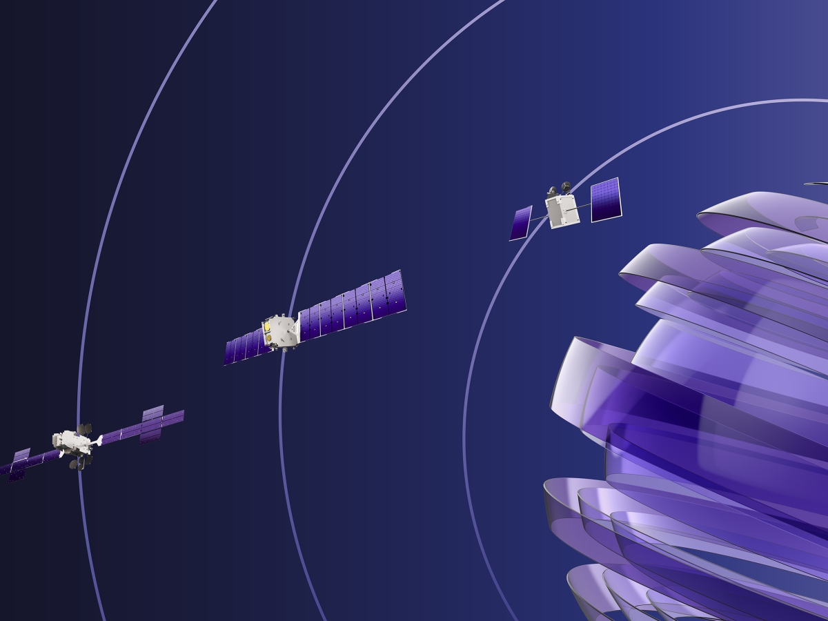 Three satellites orbiting above a stylized purple globe with curved orbital paths.