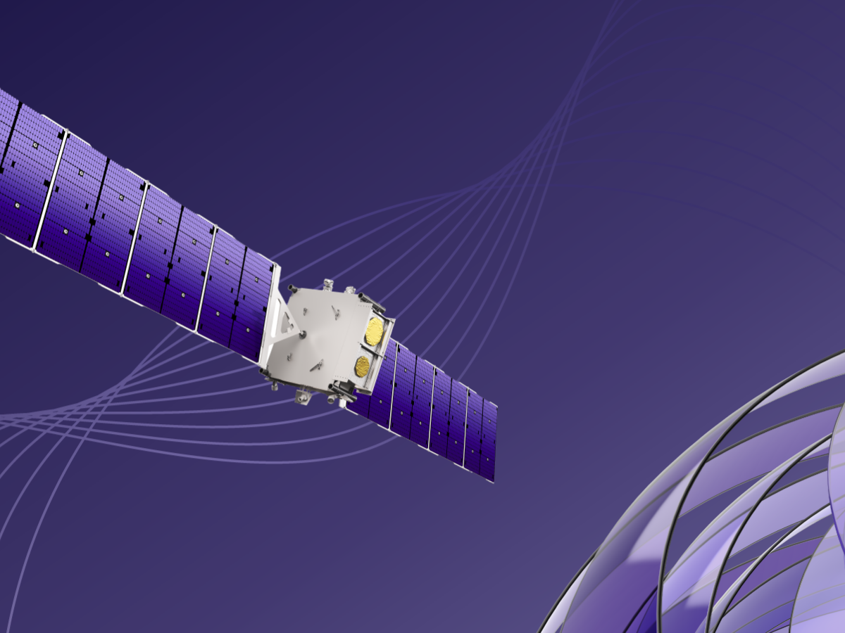 Banner image with satellite, and concentric circles with a purple background.