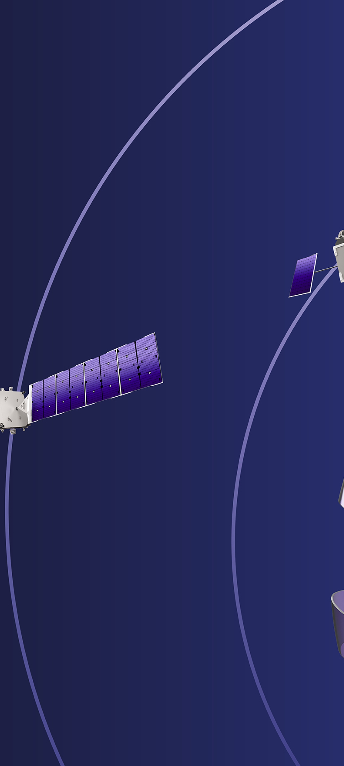 Three satellites orbiting above a stylized purple globe with curved orbital paths.